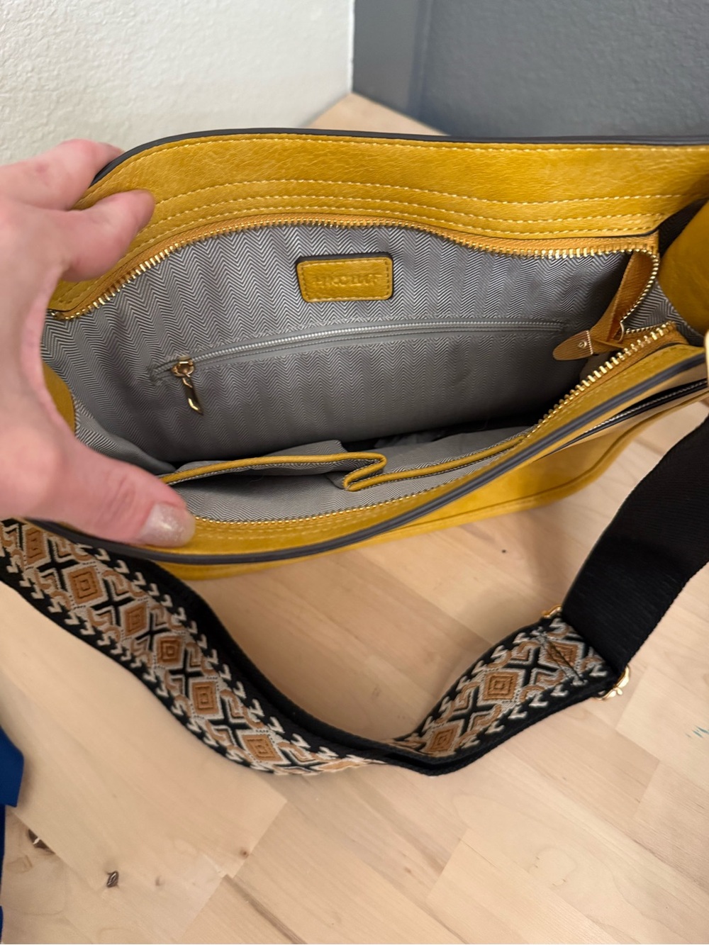 Mustard Yellow Crossbody Bag with 2 Patterned Strap - Picture 6 of 7
